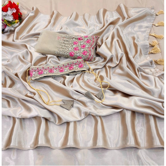 Generic Women's Satin Solid Saree With Unstitched Blouse (Beige, 5-5 Mtrs)