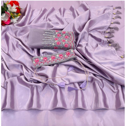 Generic Women's Satin Solid Saree With Unstitched Blouse (Purple, 5-5 Mtrs)