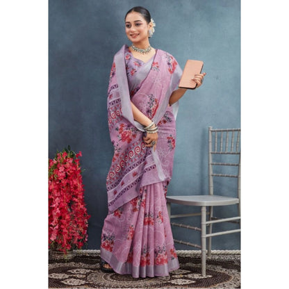 Generic Women's Linen Floral Printed Saree With Unstitched Blouse 5.5Mtr (Purple)