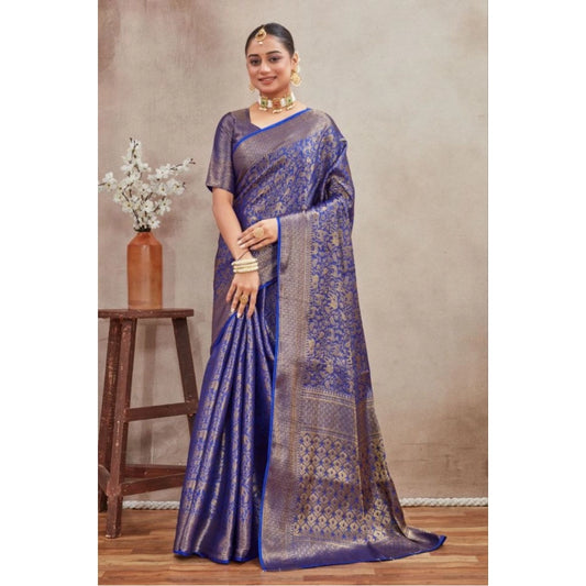Generic Women's Silk Blend Floral Printed Saree With Unstitched Blouse 5.5Mtr (Royal Blue)