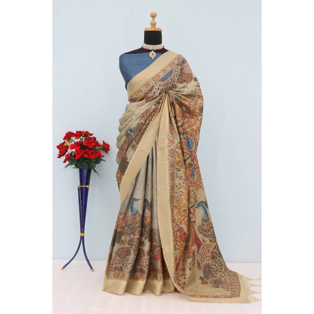 Generic Women's Mysore Silk  Digital Print Saree With Unstitched Blouse 5.5Mtr (Beige)