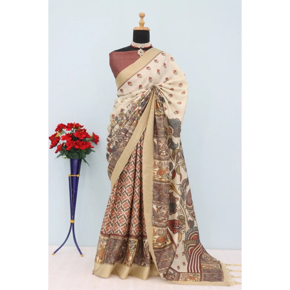 Generic Women's Mysore Silk  Digital Print Saree With Unstitched Blouse 5.5Mtr (Beige)