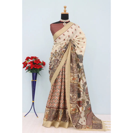 Generic Women's Mysore Silk  Digital Print Saree With Unstitched Blouse 5.5Mtr (Beige)