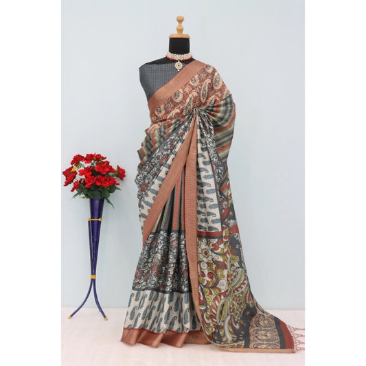 Generic Women's Mysore Silk  Digital Print Saree With Unstitched Blouse 5.5Mtr (Grey)