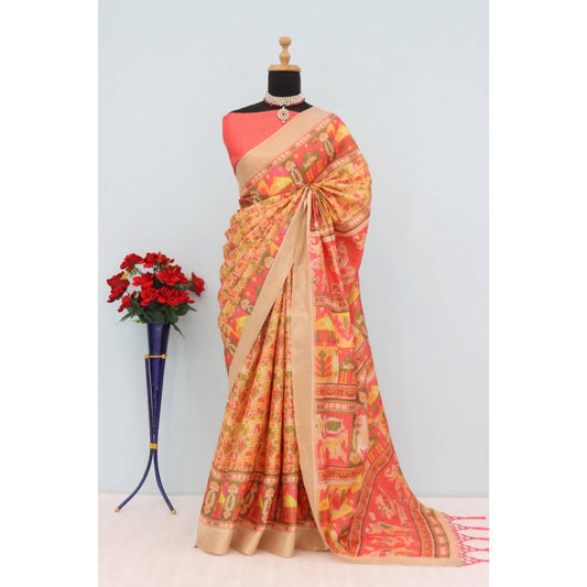 Generic Women's Mysore Silk  Digital Print Saree With Unstitched Blouse 5.5Mtr (Orange)