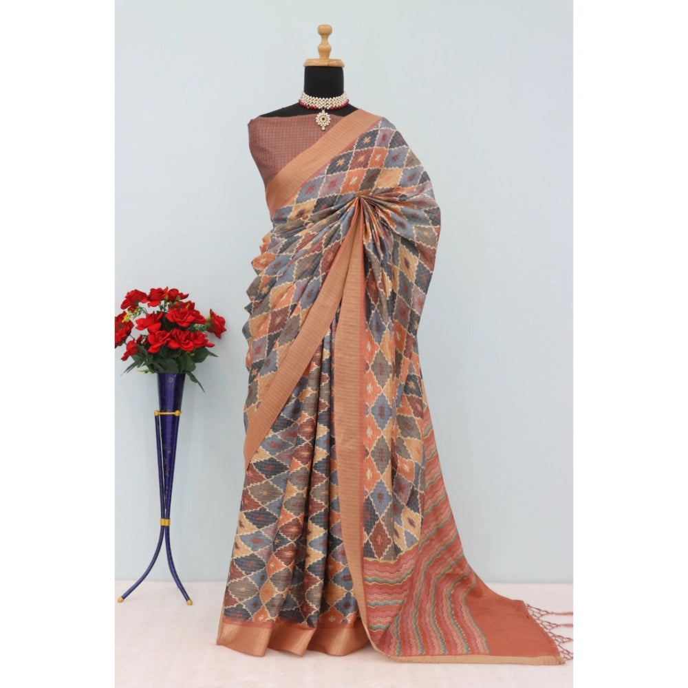 Generic Women's Mysore Silk  Digital Print Saree With Unstitched Blouse 5.5Mtr (Brown)