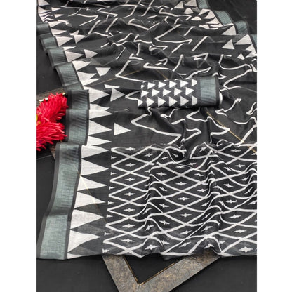 Generic Women's Cotton Linen Woven Design Saree With Unstitched Blouse 5.5Mtr (Black)