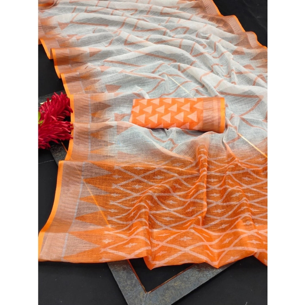 Generic Women's Cotton Linen Woven Design Saree With Unstitched Blouse 5.5Mtr (Orange)