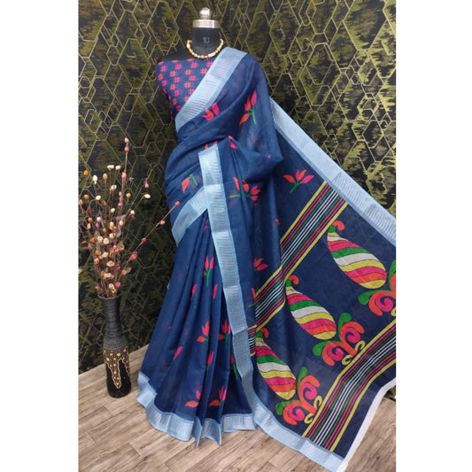 Generic Women's Cotton Linen Digital Print Saree With Unstitched Blouse 5.5Mtr (Blue)