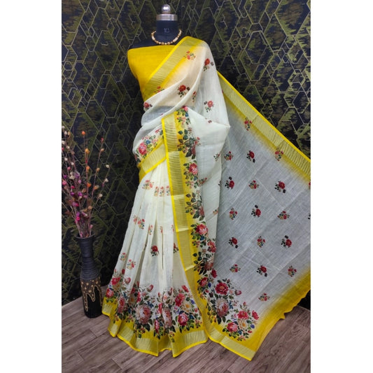 Generic Women's Cotton Linen Woven Design Saree With Unstitched Blouse 5.5Mtr (Yellow)