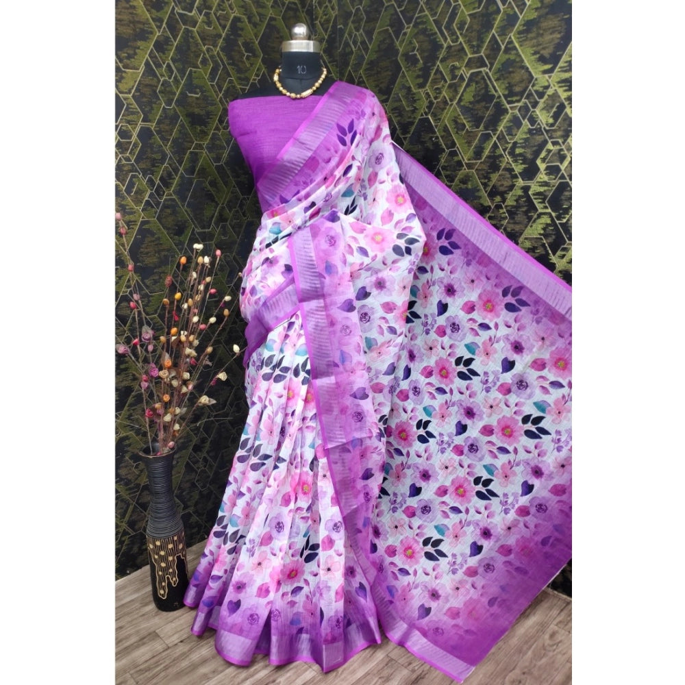 Generic Women's Cotton Linen Woven Design Saree With Unstitched Blouse 5.5Mtr (Purple)