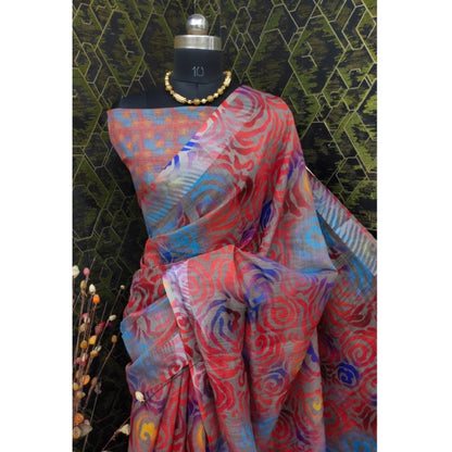 Generic Women's Cotton Linen Woven Design Saree With Unstitched Blouse 5.5Mtr (Red)