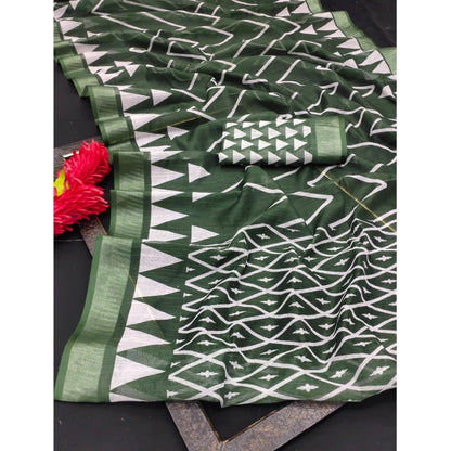 Generic Women's Cotton Linen Woven Design Saree With Unstitched Blouse 5.5Mtr (Green)