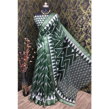 Generic Women's Cotton Linen Woven Design Saree With Unstitched Blouse 5.5Mtr (Green)