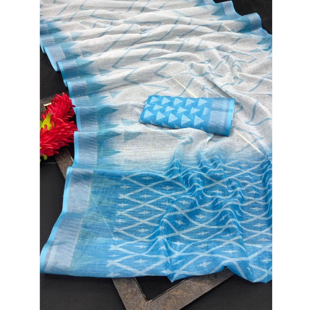 Generic Women's Cotton Linen Woven Design Saree With Unstitched Blouse 5.5Mtr (Sky Blue)