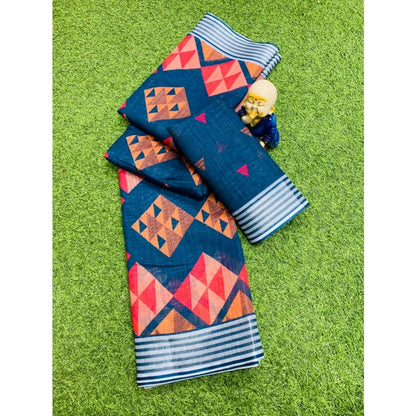 Generic Women's Cotton Linen Digital Print Saree With Unstitched Blouse 5.5Mtr (Blue)