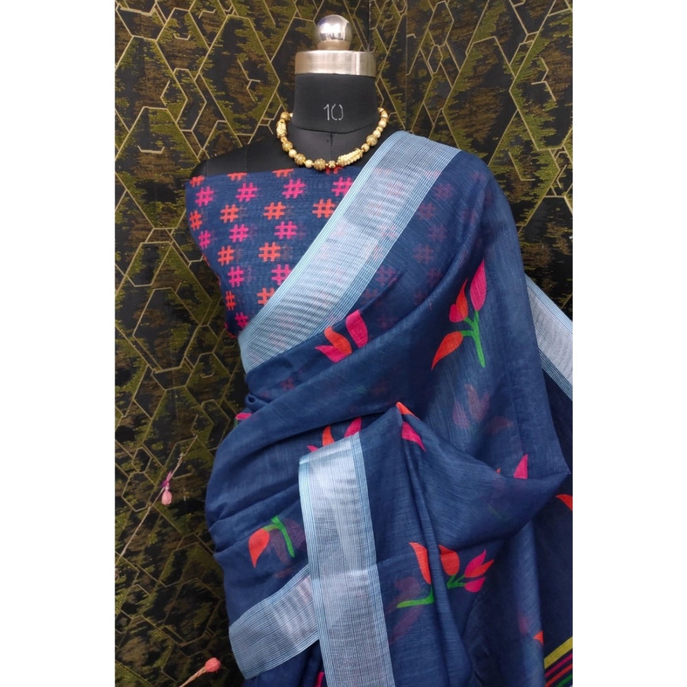 Generic Women's Cotton Linen Digital Print Saree With Unstitched Blouse 5.5Mtr (Blue)