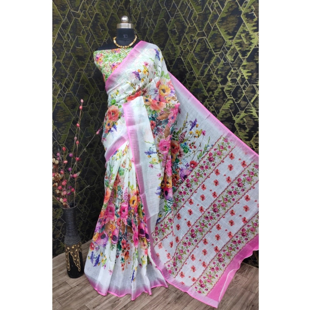 Generic Women's Cotton Linen Printed Saree With Unstitched Blouse 5.5Mtr (Pink)