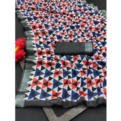 Generic Women's Cotton Linen Printed Saree With Unstitched Blouse 5.5Mtr (Black)