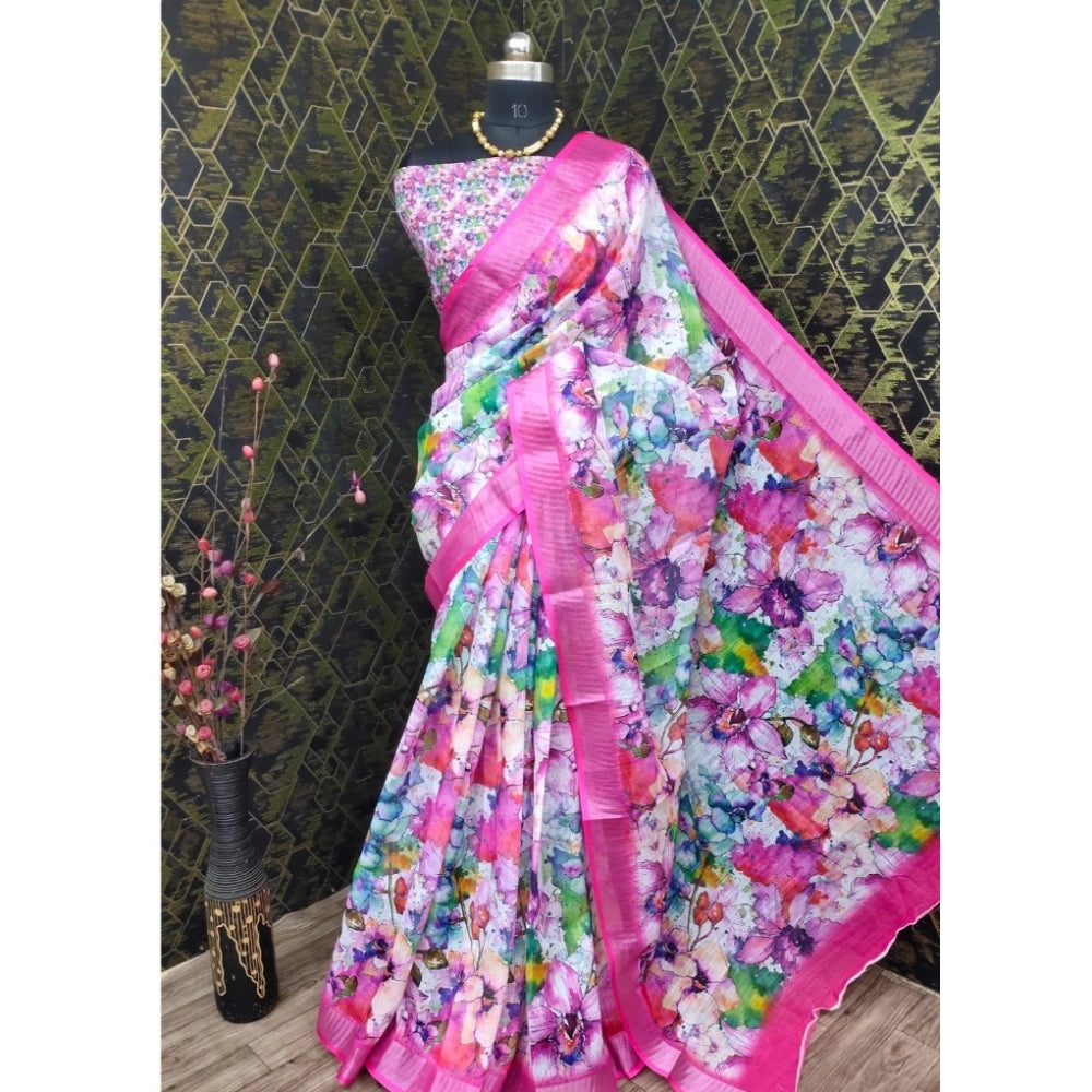 Generic Women's Cotton Linen Printed Saree With Unstitched Blouse 5.5Mtr (Pink)