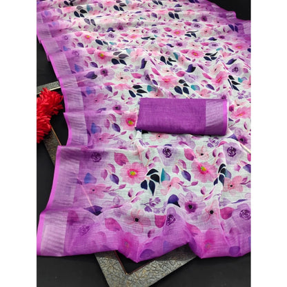 Generic Women's Cotton Linen Woven Design Saree With Unstitched Blouse 5.5Mtr (Purple)