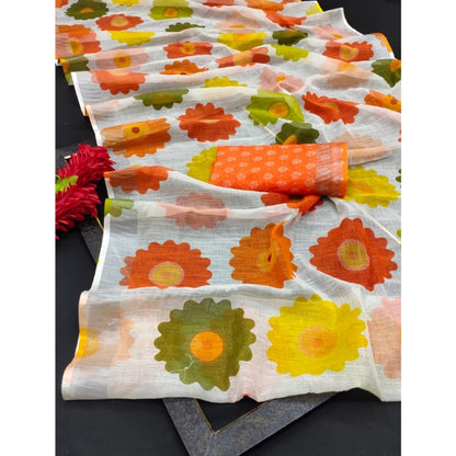 Generic Women's Cotton Linen Woven Design Saree With Unstitched Blouse 5.5Mtr (Orange)