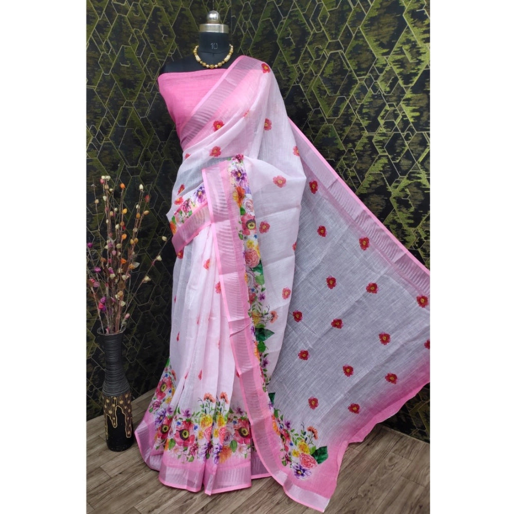 Generic Women's Cotton Linen Woven Design Saree With Unstitched Blouse 5.5Mtr (Pink)