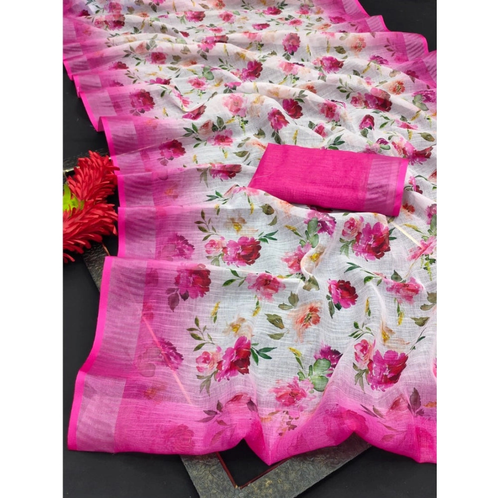 Generic Women's Cotton Linen Woven Design Saree With Unstitched Blouse 5.5Mtr (Pink)
