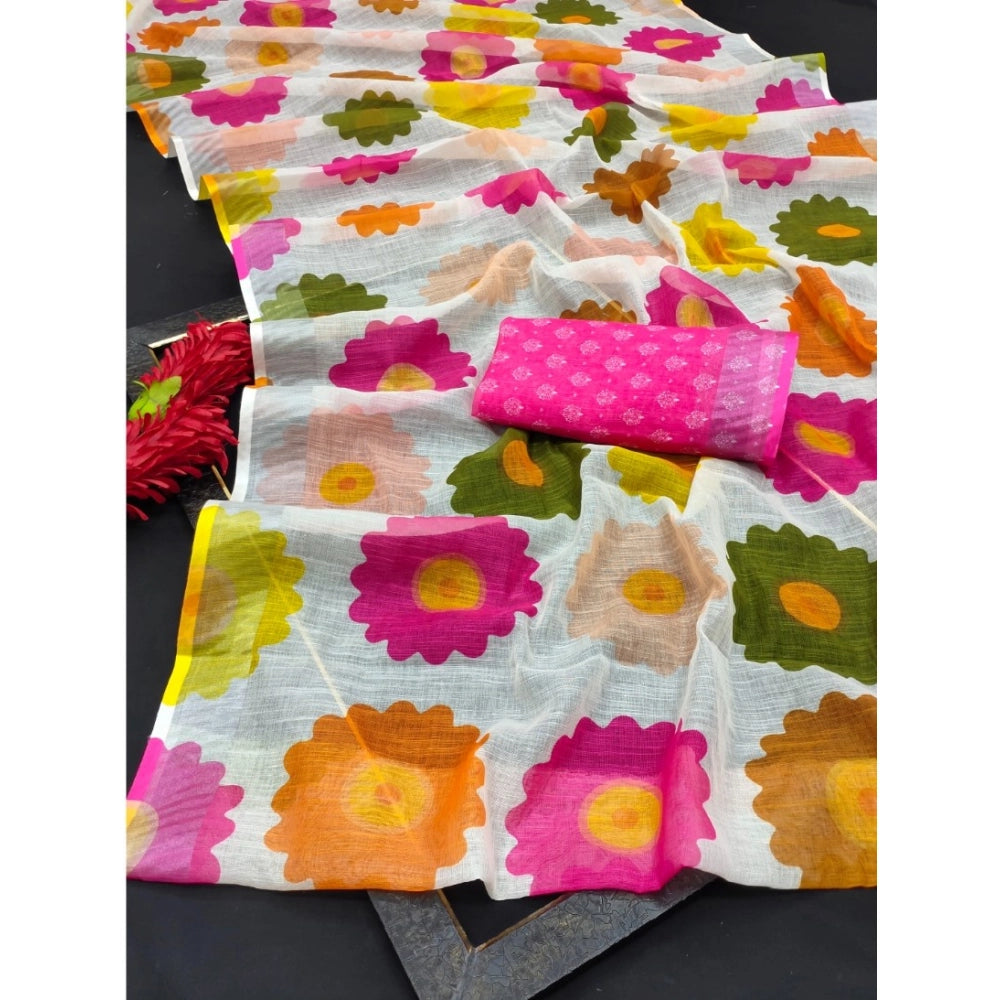 Generic Women's Cotton Linen Woven Design Saree With Unstitched Blouse 5.5Mtr (Pink)