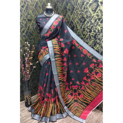 Generic Women's Cotton Linen Digital Print Saree With Unstitched Blouse 5.5Mtr (Black)