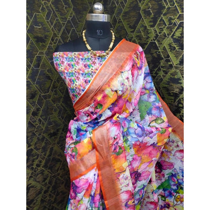 Generic Women's Cotton Linen Printed Saree With Unstitched Blouse 5.5Mtr (Orange)