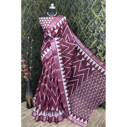 Generic Women's Cotton Linen Woven Design Saree With Unstitched Blouse 5.5Mtr (Maroon)