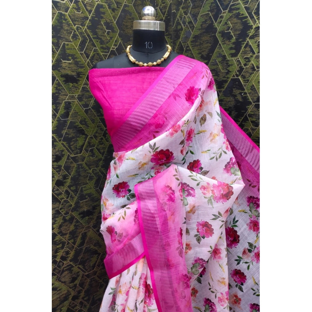 Generic Women's Cotton Linen Woven Design Saree With Unstitched Blouse 5.5Mtr (Pink)