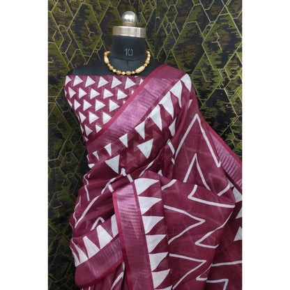 Generic Women's Cotton Linen Woven Design Saree With Unstitched Blouse 5.5Mtr (Maroon)