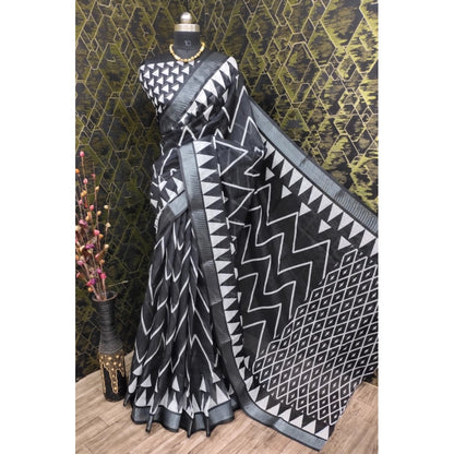 Generic Women's Cotton Linen Woven Design Saree With Unstitched Blouse 5.5Mtr (Black)