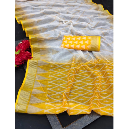 Generic Women's Cotton Linen Woven Design Saree With Unstitched Blouse 5.5Mtr (Yellow)