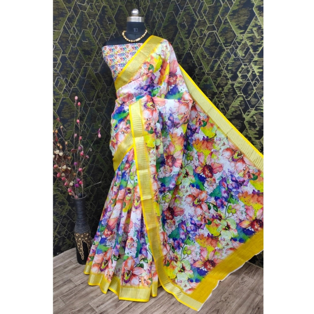 Generic Women's Cotton Linen Printed Saree With Unstitched Blouse 5.5Mtr (Yellow)