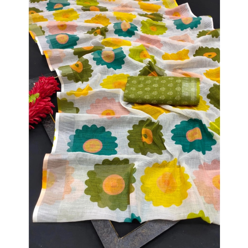 Generic Women's Cotton Linen Woven Design Saree With Unstitched Blouse 5.5Mtr (Green)