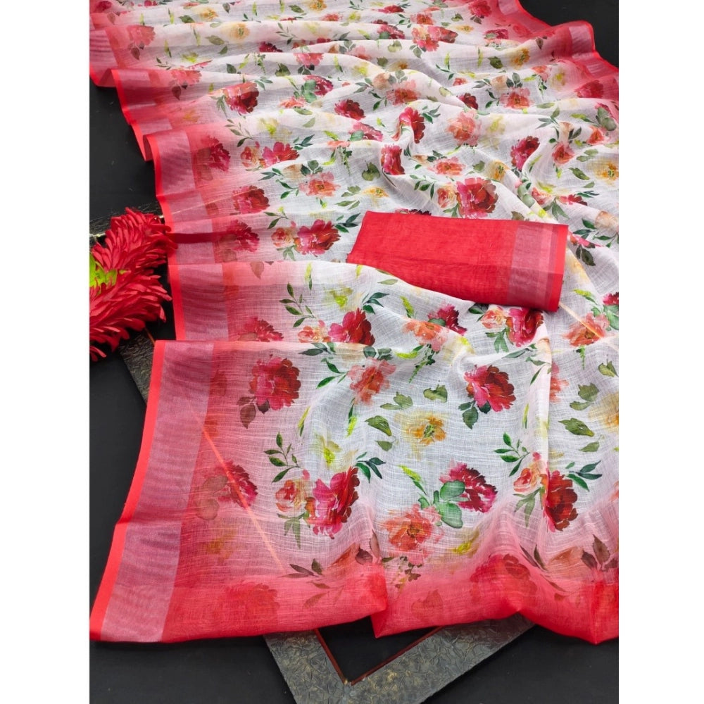 Generic Women's Cotton Linen Woven Design Saree With Unstitched Blouse 5.5Mtr (Red)