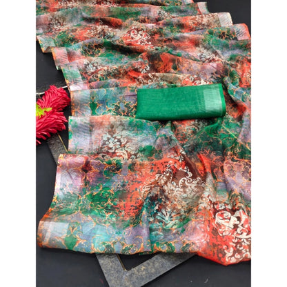 Generic Women's Cotton Linen Woven Design Saree With Unstitched Blouse 5.5Mtr (Green)