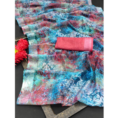 Generic Women's Cotton Linen Woven Design Saree With Unstitched Blouse 5.5Mtr (Blue)