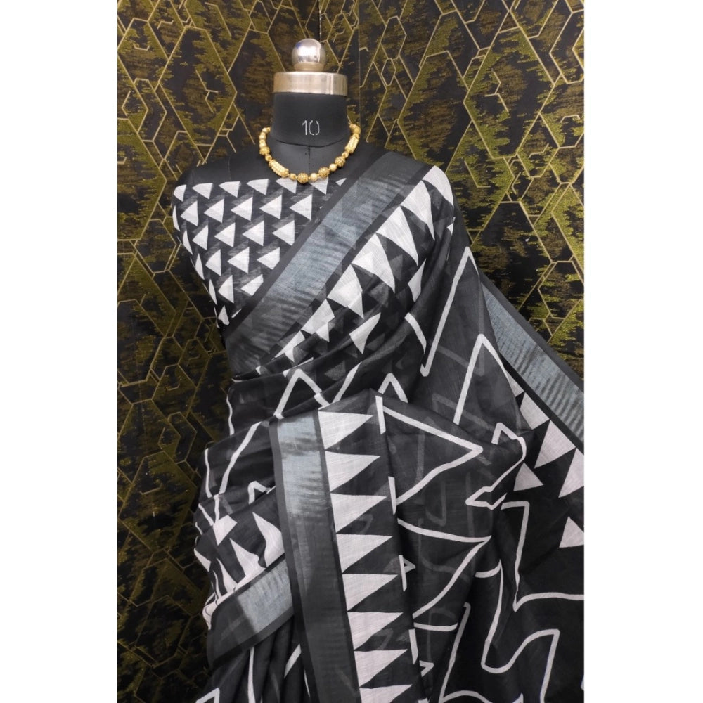 Generic Women's Cotton Linen Woven Design Saree With Unstitched Blouse 5.5Mtr (Black)