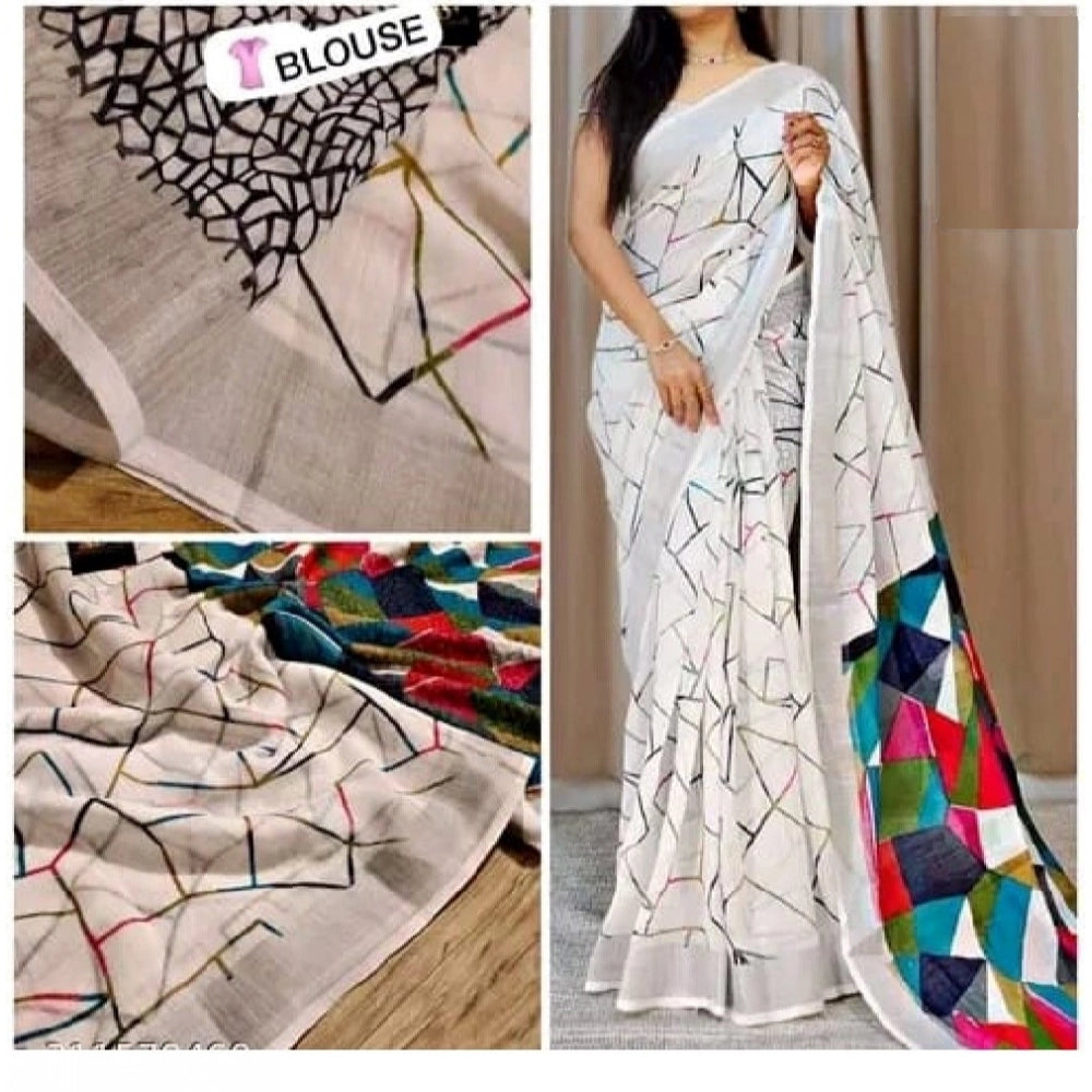 Generic Women's Cotton Linen Printed Saree With Unstitched Blouse 5.5Mtr (White)