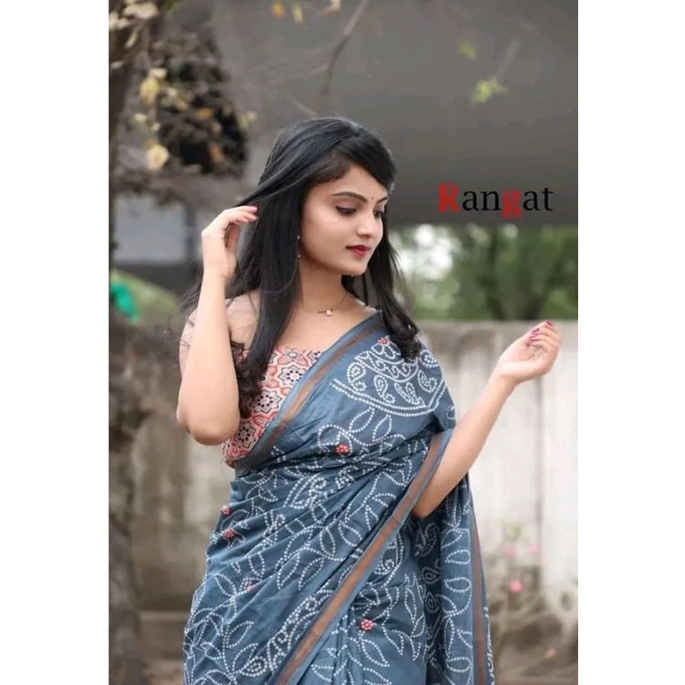 Generic Women's Cotton Linen Printed Saree With Unstitched Blouse 5.5Mtr (Grey)