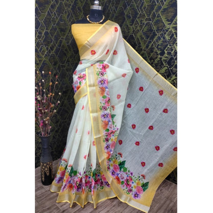Generic Women's Cotton Linen Woven Design Saree With Unstitched Blouse 5.5Mtr (Yellow)