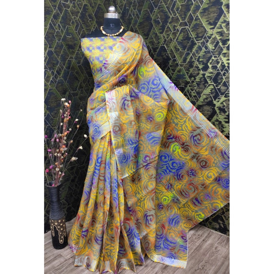 Generic Women's Cotton Linen Woven Design Saree With Unstitched Blouse 5.5Mtr (Yellow)