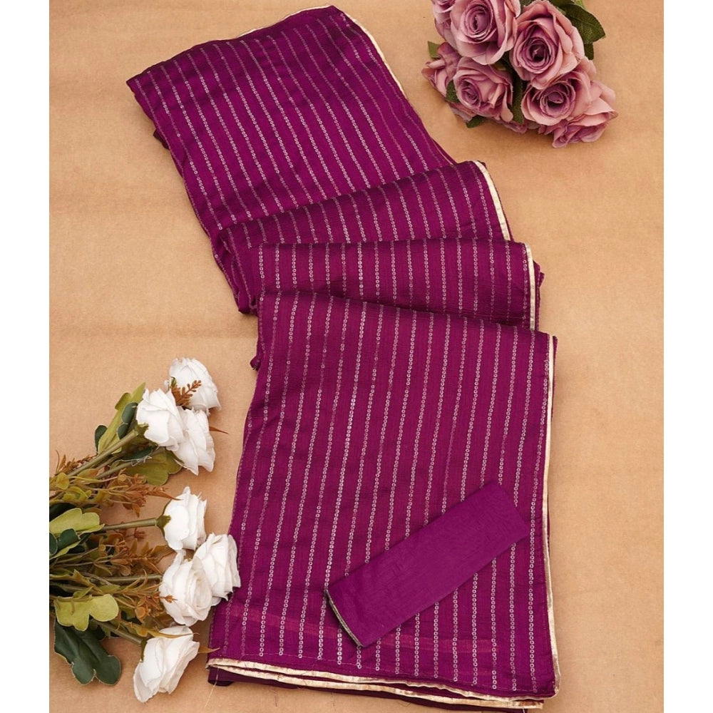 Generic Women's Vichitra Silk Striped Saree With Unstitched Blouse 5.5Mtr (Purple)