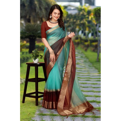 Generic Women's Khadi Cotton  Solid Saree With Unstitched Blouse 5.5Mtr (Sky Blue)