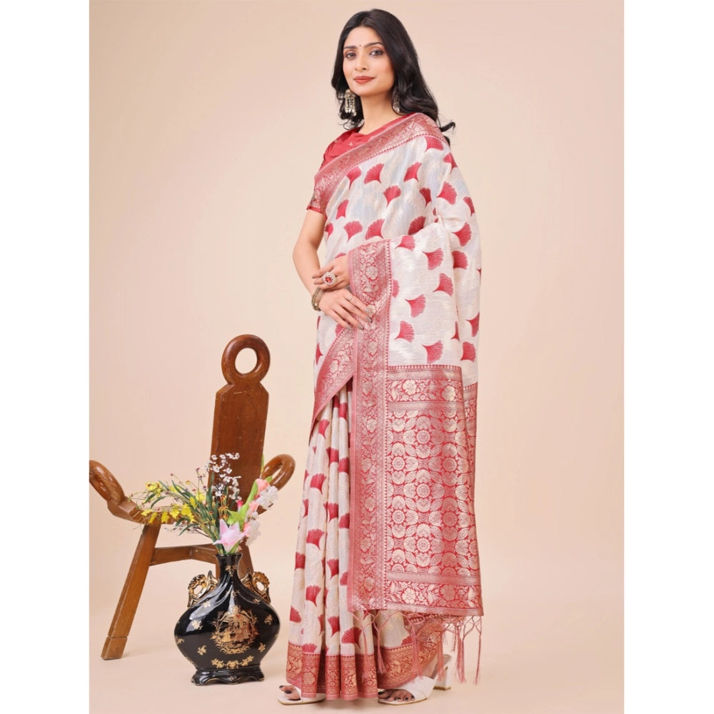 Generic Women's Linen Cotton Printed Saree With Unstitched Blouse 5.5Mtr (Maroon)