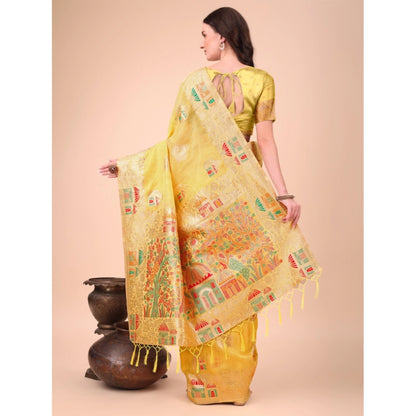 Generic Women's Linen Cotton Printed Saree With Unstitched Blouse 5.5Mtr (Yellow)